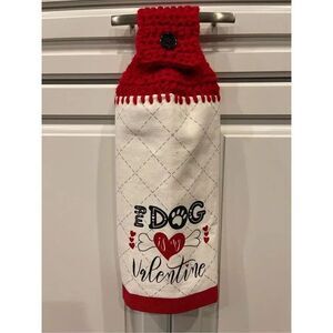 Crochet Top Kitchen Towel- My Dog is my Valentine  1 with white button-1 with bl